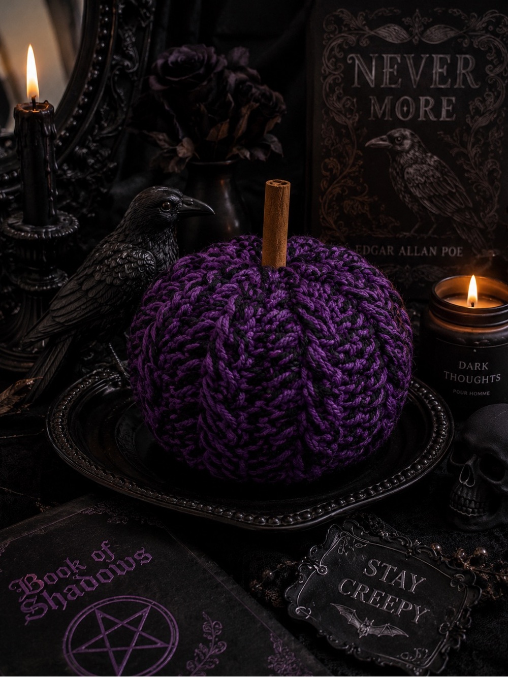 Crochet Handmade Purple & Black Crochet Pumpkin Gothic Halloween Fall Decor